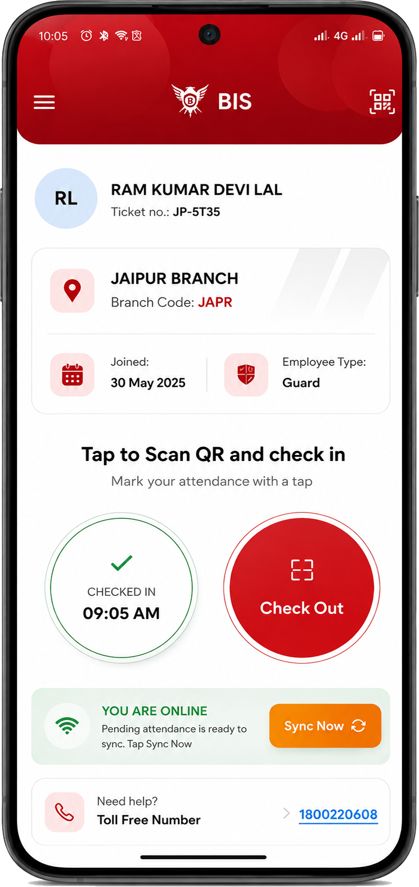 BIS app check-in screen